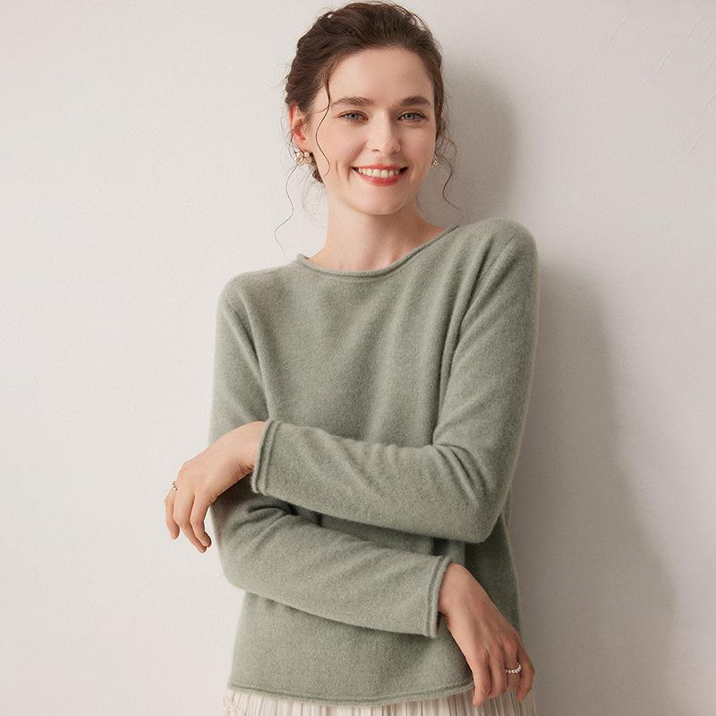 2026 Le Ka Sha Women's Pure Cashmere Round Neck Knit Sweater, 12-Gauge, Rolled Hem