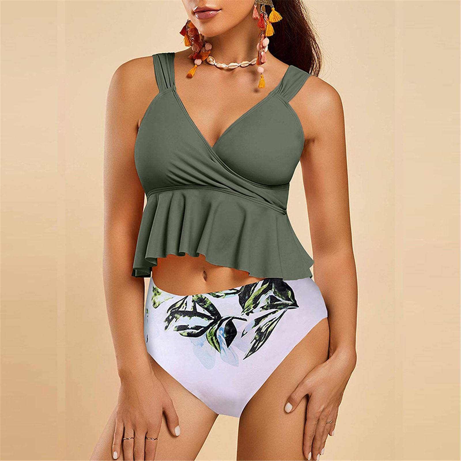

Женский купальник с v-образным вырезом и высокой талией, бикини с рюшами, купальник с принтом листьев S