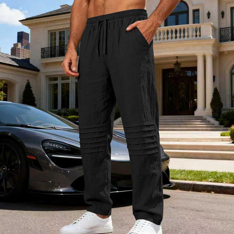 Autumn New Loose Linen Casual Trendy Pleated Simple Home Men's Breathable Straight Trousers