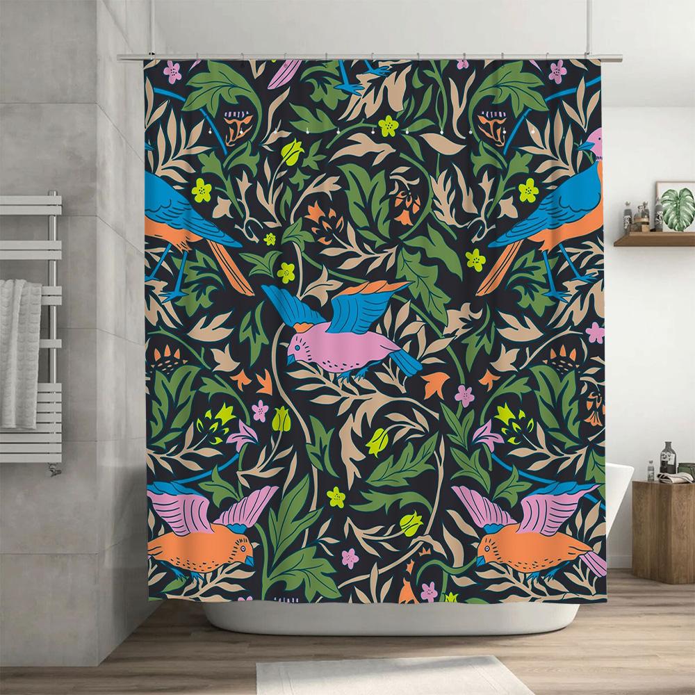 Modern Printed Shower Curtain Set Birds Floral Greenery Design 180 x 240 cm for Bathroom Decorations Pink Blue Orange Color Sche