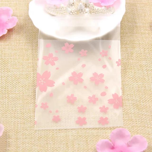 New 100PCS Cherry Blossoms Candy &Cookie Plastic Bags Self-Adhesive For DIY Biscuits Snack Baking Package Decor Kids Gift Su