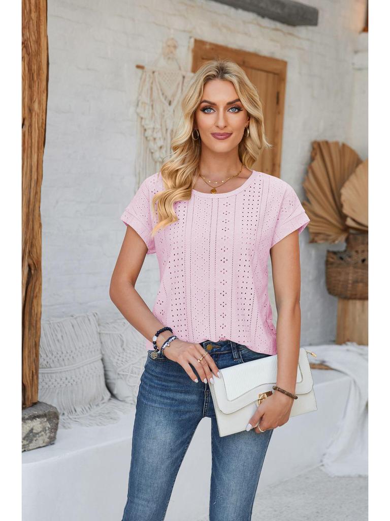 Spring & Summer Women's Loose Round Neck Eyelet Lace T-shirt