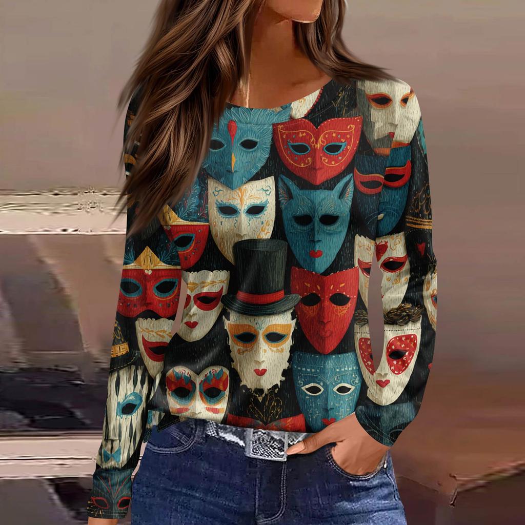 Women's Fashionable Casual Neck Long Sleeve Hem Split Carnival Print T-Shirt Top