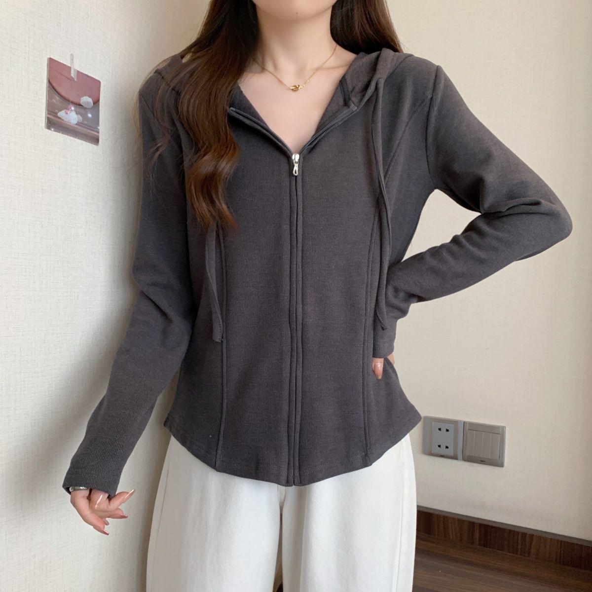 

Plus Size Slimming Hooded Long Sleeve Cardigan Jacket for Women - Early Autumn 2025 L сірий колір