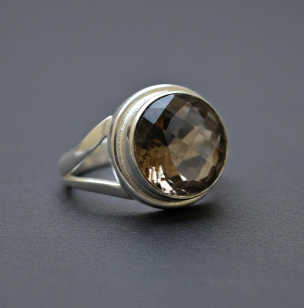 Smoky Quartz Round Statement Ring, 925 Sterling Silver Jewelry, Minimalist Boho Gemstone Ring for Women