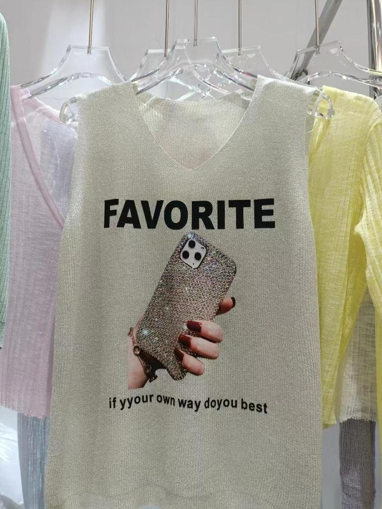 2023 Shiny Silk Sleeveless V-Neck Women's Vest - Spring/Summer New Style, Loose Fit with Hot Diamond Sling Knitted Design