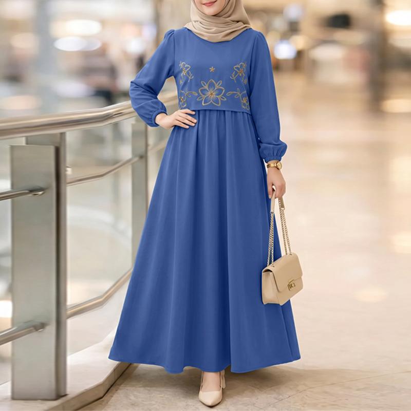 ZANZEA Women Casual Round Neck Long Sleeve Floral Embroidery Loose Long Dress