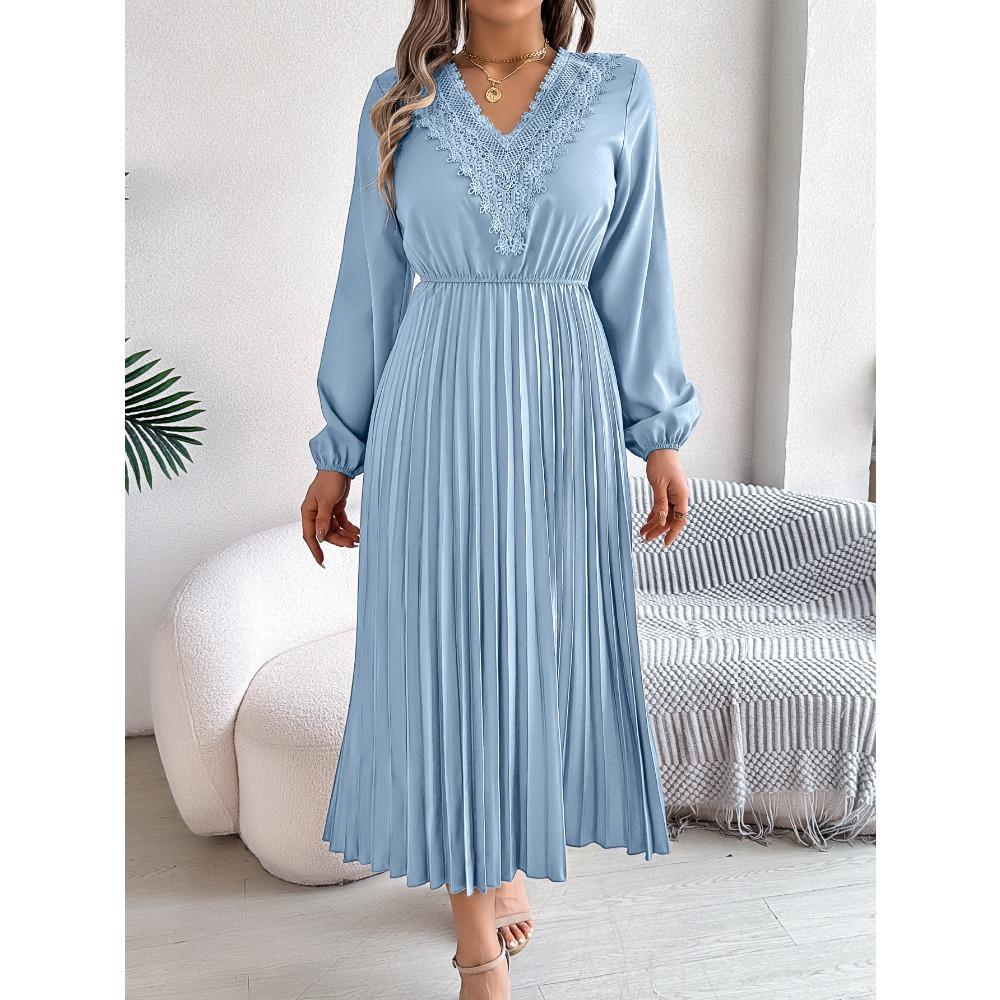 Spring and Summer Elegant Temperament V-neck Lace Waisted Pleated Long Women's Dresses Long Skirts
