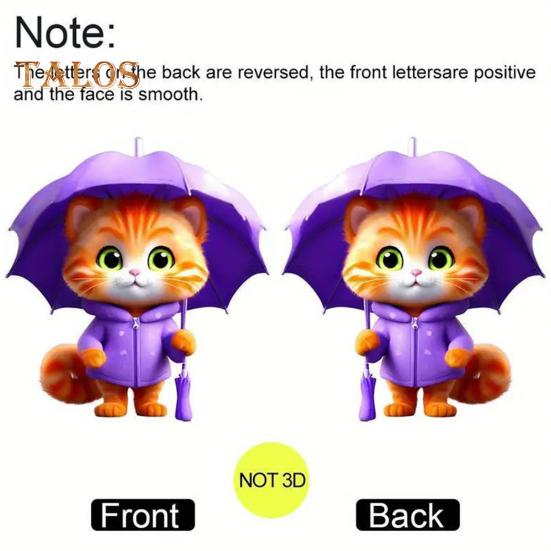 Umbrella Cat Pendant Car Rearview Mirror Charm Kitten 2D Acrylic Car Ornament Cartoon Hanging Decoration for Car Interior Home Window Keys