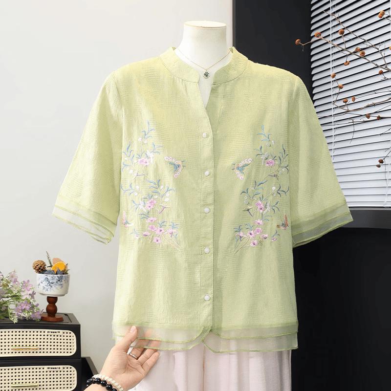 New Chinese Embroidered Stand-Up Collar Shirt for Middle-Aged Women