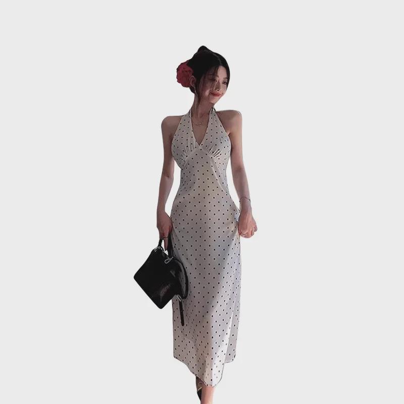 Women's 2025 French Seaside Halter Backless Polka Dot Maxi Dress