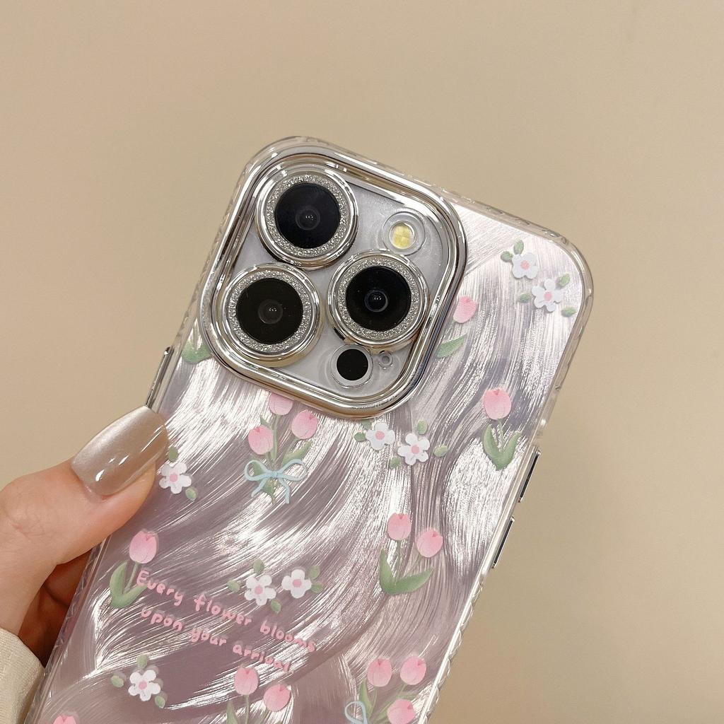 New Tulip Flowers Suitable for Apple 16promax Feather Yarn Phone Case IPhone 15 Flash Powder Lens Film 14
