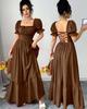 Summer 2025 European & American Women's Square Neck Tie-up Waist Dress