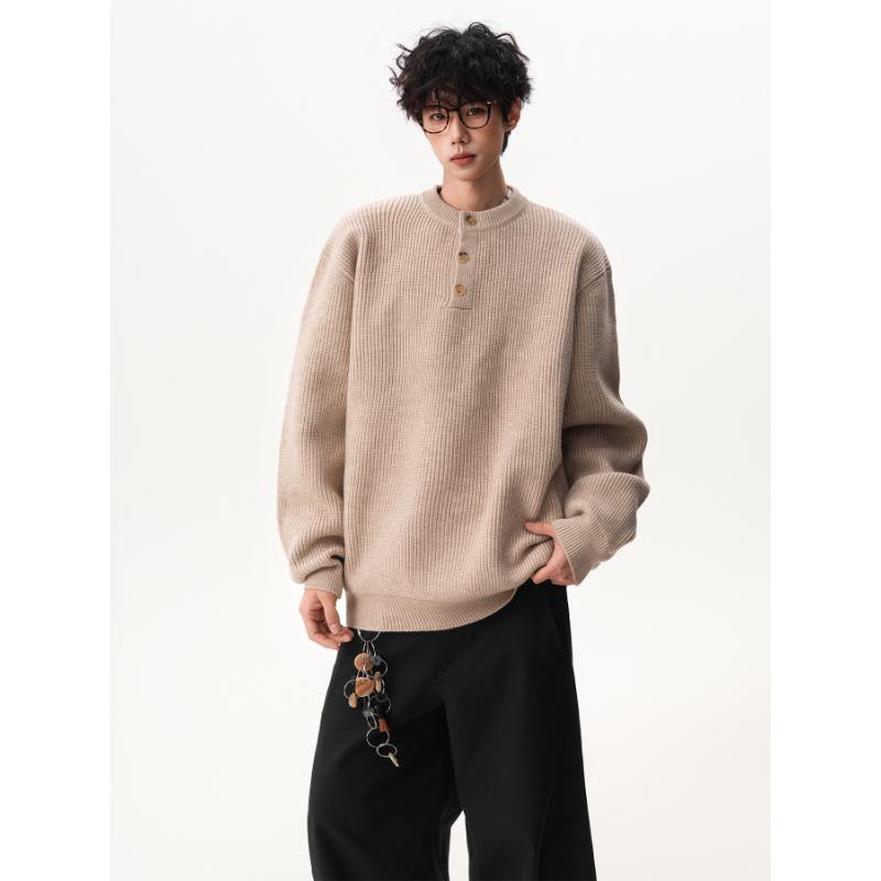 American Retro Henley Collar Button Sweater Men Women Winter Loose Slouchy Long Sleeve Base Pullover Knitwear