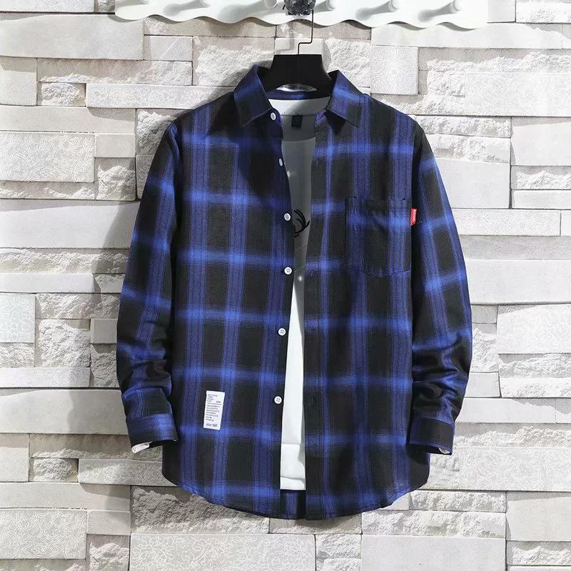 Men's White Plaid Shirt Long-sleeved Trend Shirts Versatile Men's Inch Shirt New Tops