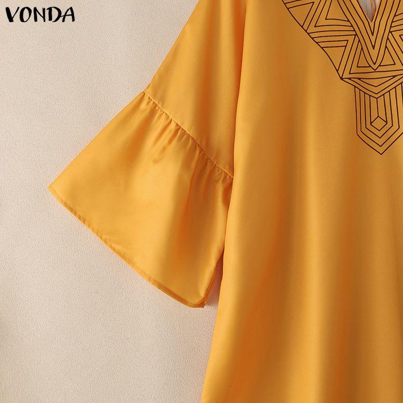 VONDA Women Ruffled 3/4 Sleeve Print Casual Long Baggy Maxi Robe Dress Nonelastic
