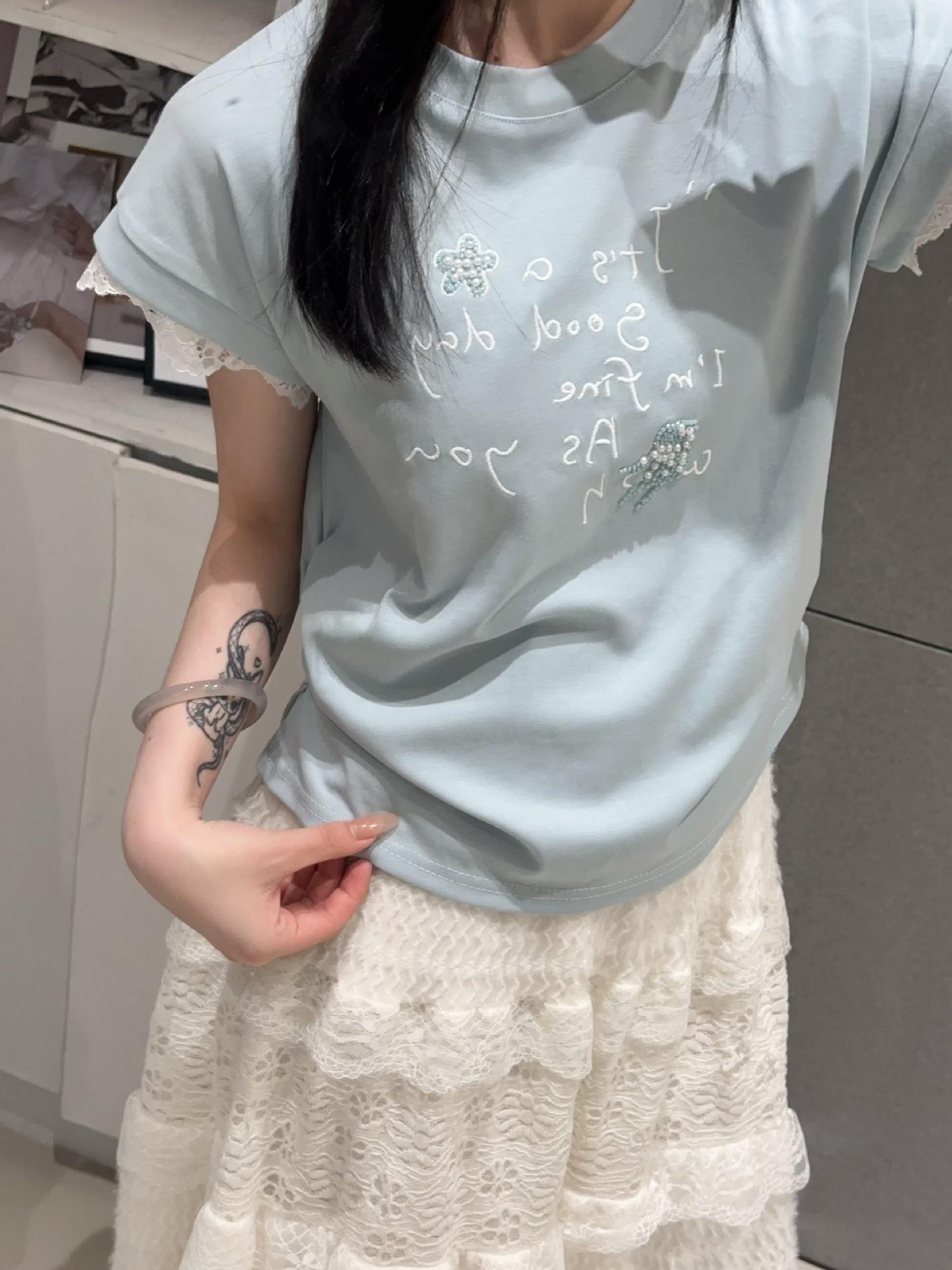 

ONE Summer Кружевной Принт Короткие Рукава Повседневная Корейская Футболка Для Женщин One Size