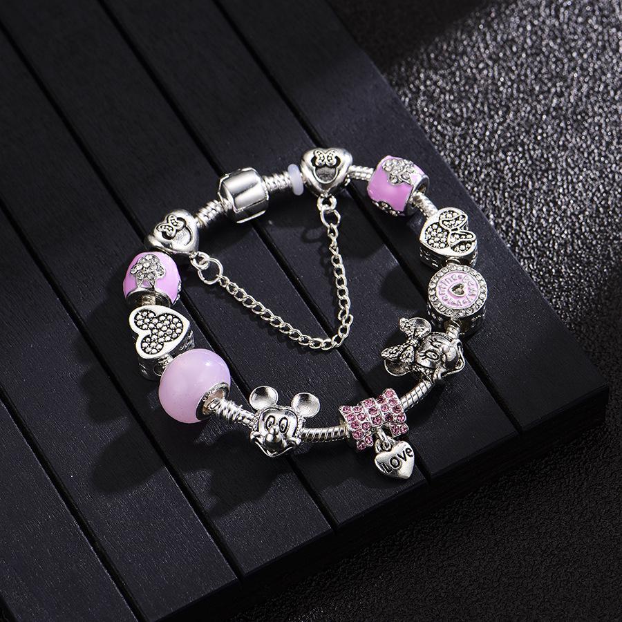 Cross-border Pink Rhinestone Mickey Mouse Peach Heart Pendant Bracelet