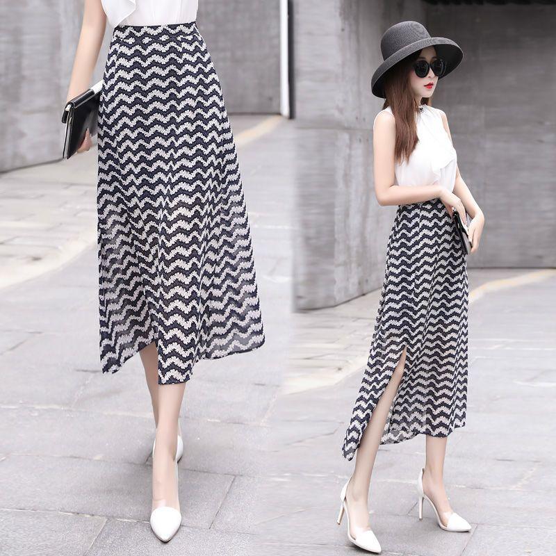 Summer Women's New High Waist Slimming Chiffon A-line Skirt Floral Half Length Skirt Medium Length Skirt