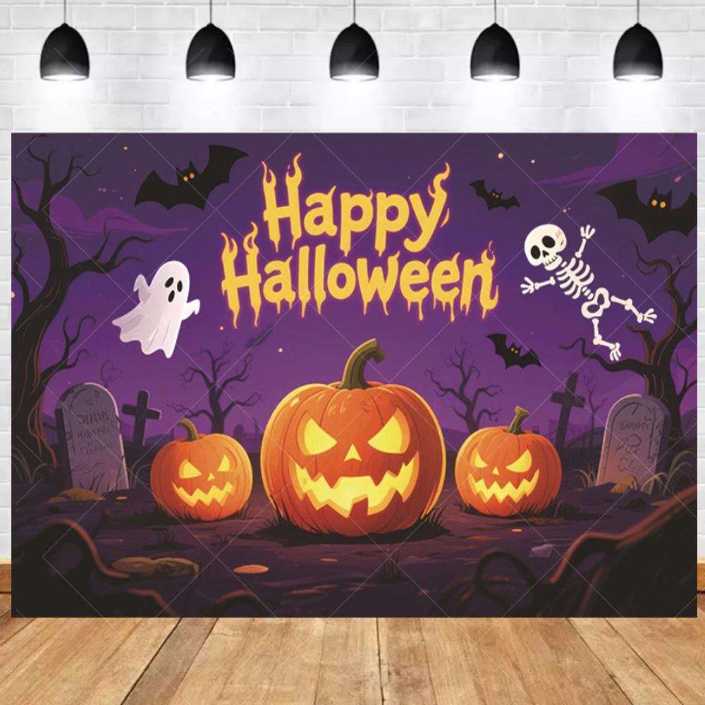 1pc Purple Happy Halloween Party Backdrop with Moon Castle Pumpkin Witch Banner for Halloween Themed Party Background Decoration