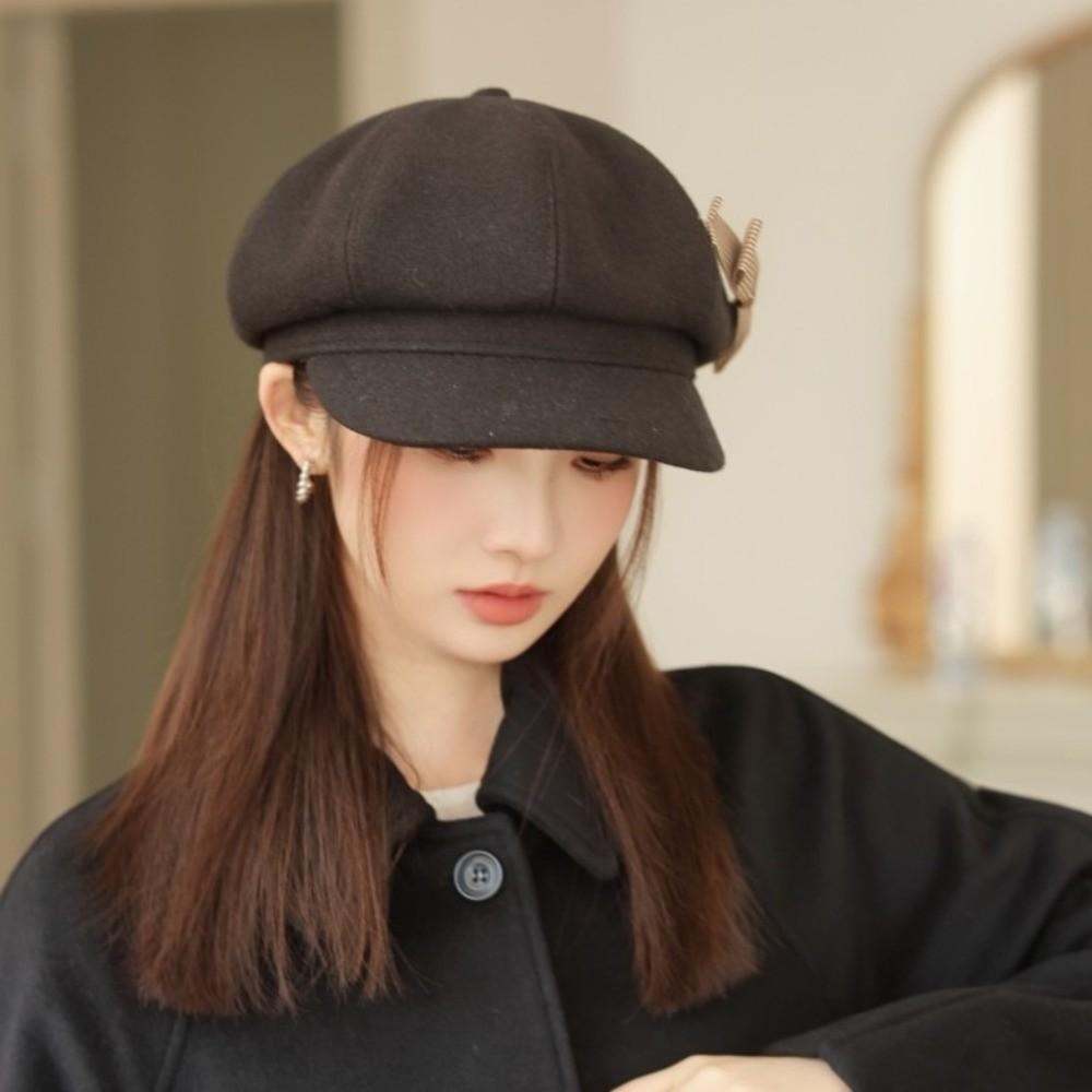 Solid Color Bow Beret Wool Octagonal Cap Fashion Newsboy Hat  Female