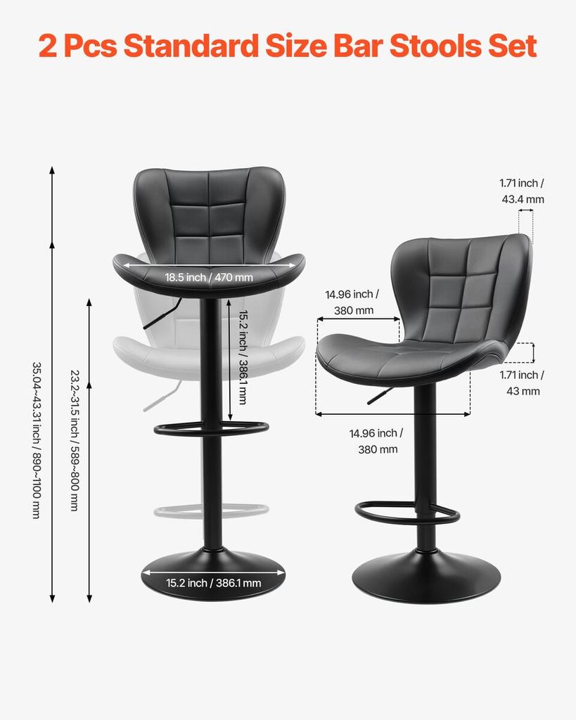 Bar Stool Set of 2, Modern PU Leather Counter Height Stools, Swivel Kitchen Barstool with Back and Footrest, Height Adjustable Armless Bar Chair,