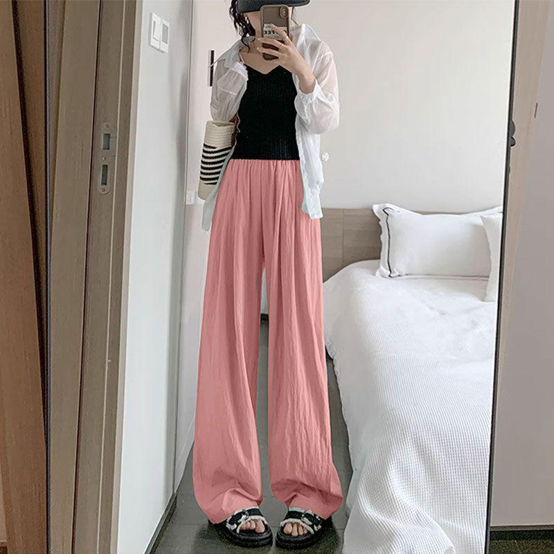 

Ice Silk Pleated Wide-Leg High-Waist Women s Pants - Summer Casual, Single/Two-Piece Set, Lazy Style, Straight-Leg. 3XL (145-160 jin)