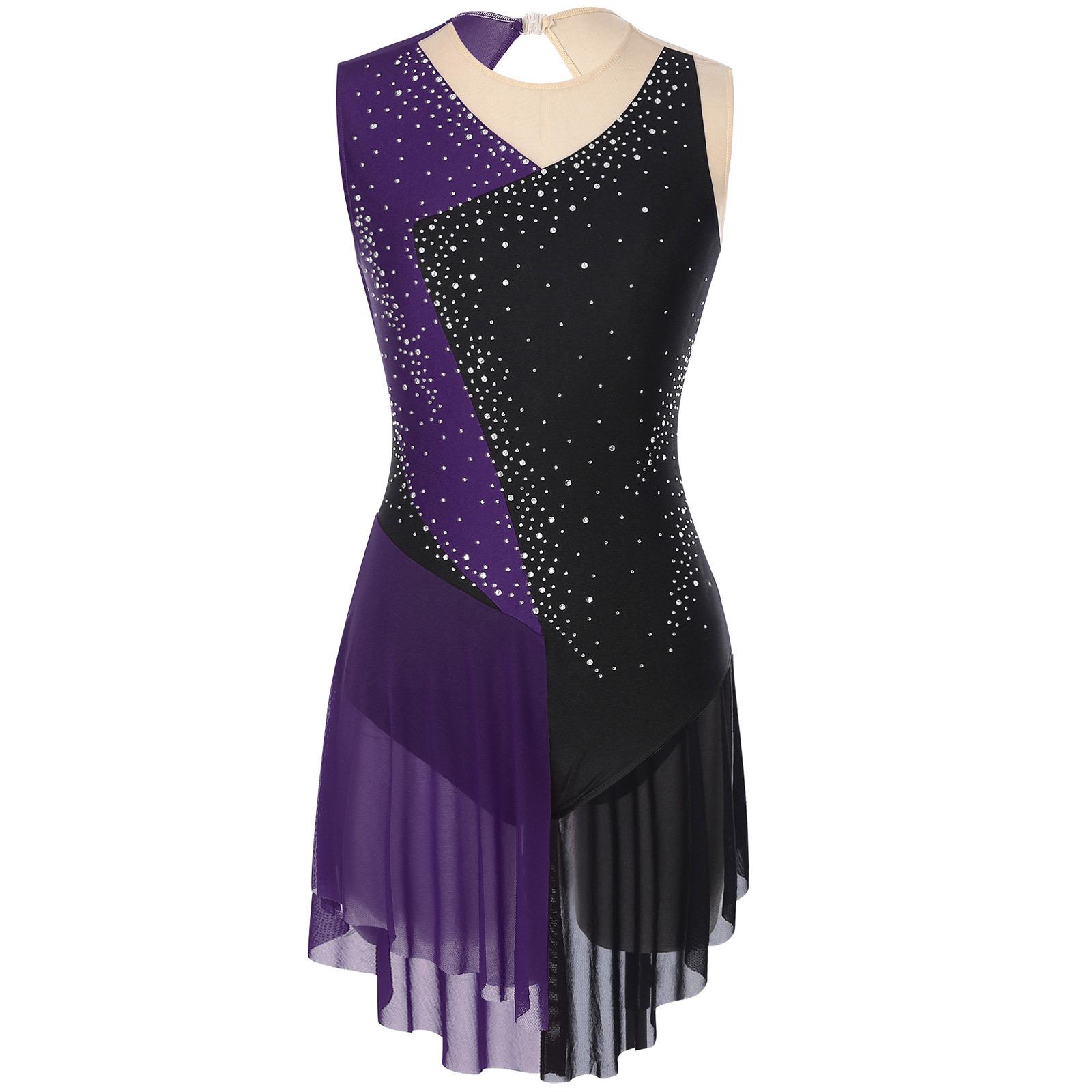 

Womens Figure Skating Costume Sparkly Rhinestones Color Block Sleeveless Cutout Back Sheer Mesh Leotard S
