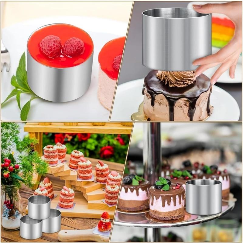 Stainless Steel Round Cake Molds 6-Pack, 7.5cm Mousse Ring Pastry Cutter with Cake Press and Lifter, Baking Ring for Dessert