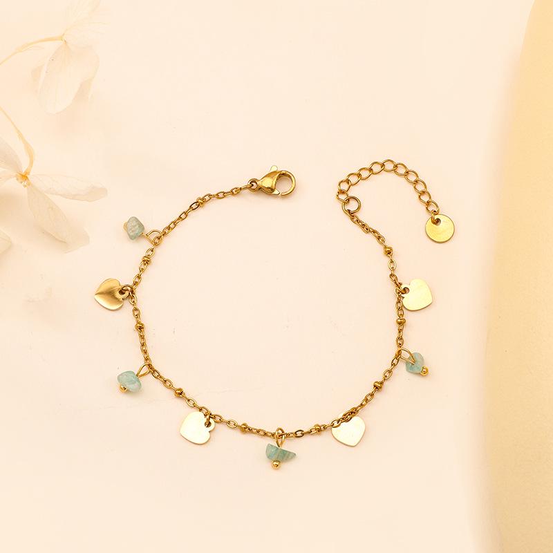 18K Gold Peach Heart Bracelet with Colorful Natural Stones - Minimalist Stainless Steel Women's Jewelry