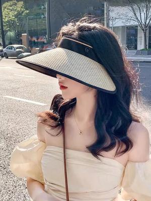 Summer New Sunshade and Sun Protection Empty Top Hat for Female Cyclists, Foldable Straw Woven Hat for Outdoor Travel