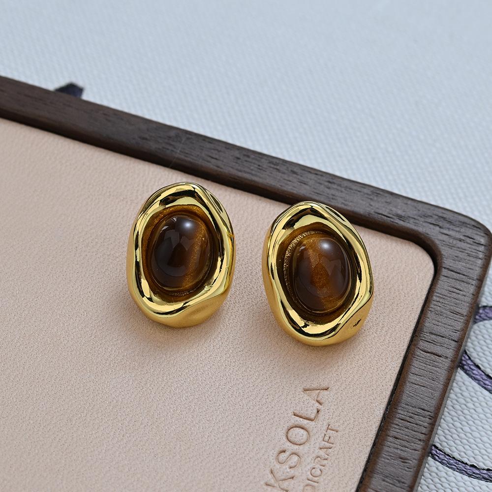 Vintage Maillard Tiger'S Eye Stone Irregular Oval Stud Earrings Women'S Niche Design Temperament Earrings Ear Jewelry