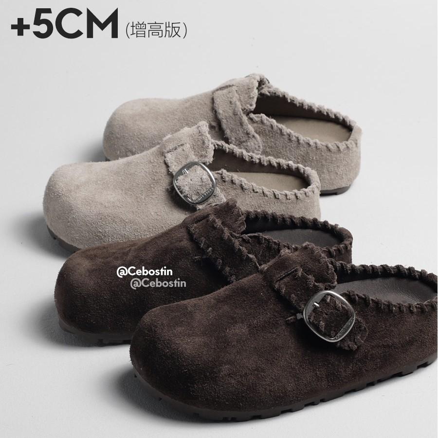 [Lan Cabinet] Baotou Drag 5cm Inner Height-increasing Version of Cow Reverse Velvet Birken Half Slippers Women's Pedal 2025 New Model