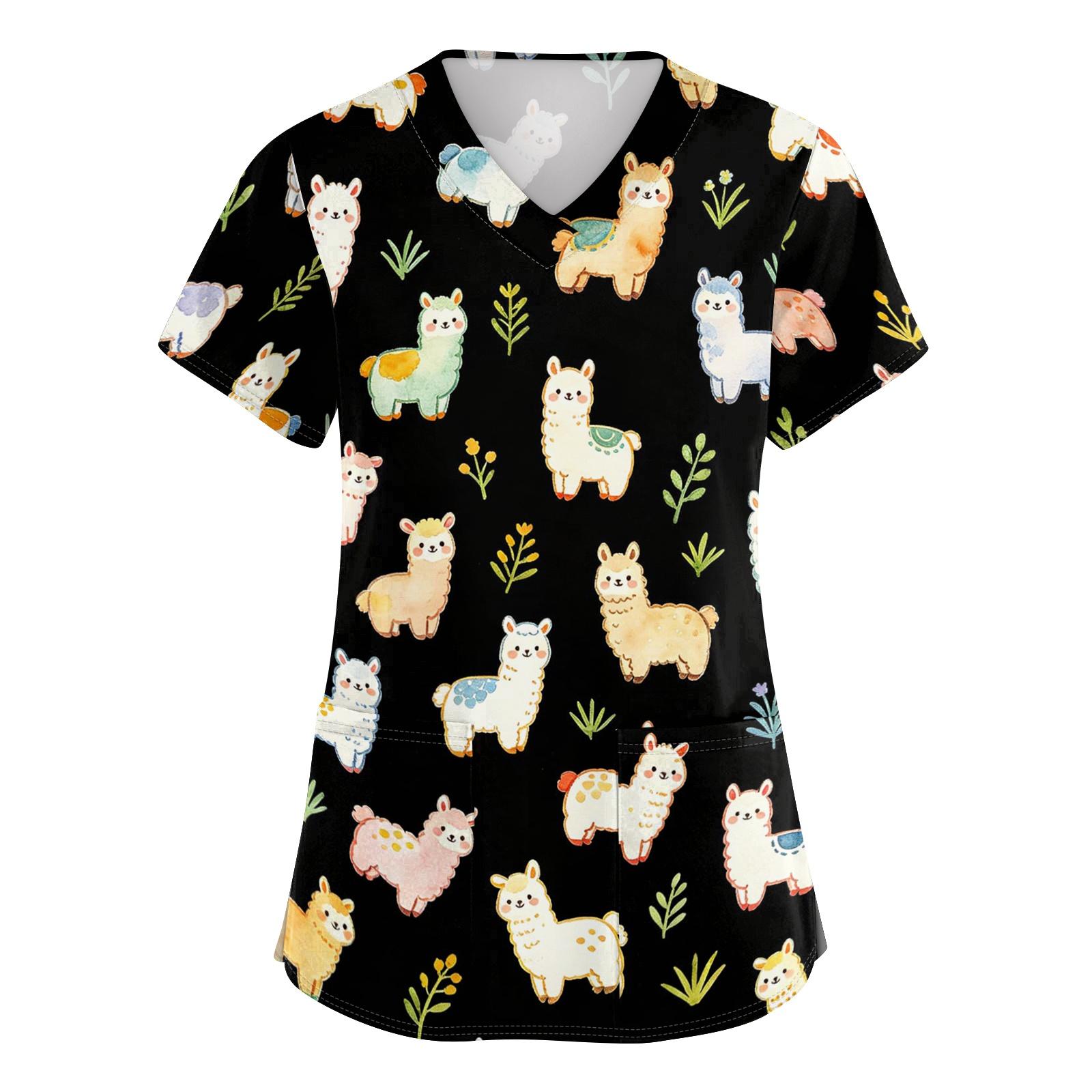 

Women s V Neck Short Sleeve Work Top with Pockets Animal Print Medical Scrub Shirt for Healthcare Professionals Comfortable Fit XXXXL чёрный