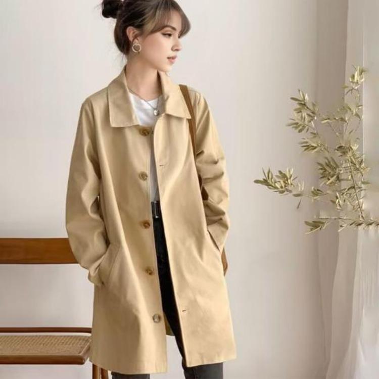 Women Windbreaker Overcoat Turn Down Collar Button Down Long Sleeves Loose Pockets Mid Length Outdoor Travel Commuting Jacket