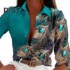 Frauen Frühling Herbst Hemd Tops Revers Langarm Faux Edelstein Feder Druck Einreiher Hemd Streetwear