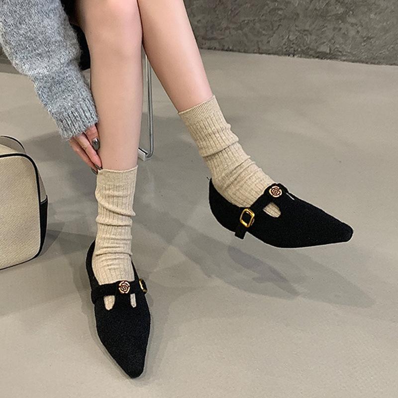 Pointed shoes fleece single shoes 2025 autumn and winter heightening shoes flat shoes shallow mouth Mary Jane shoes