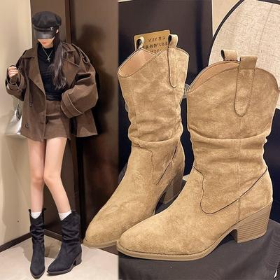 Knight Boots Suede 2025 Autumn Mid-tube Boots Pointed Head Beautiful Thick Heel Piled Boots Women's Retro Folds New Thin Rad