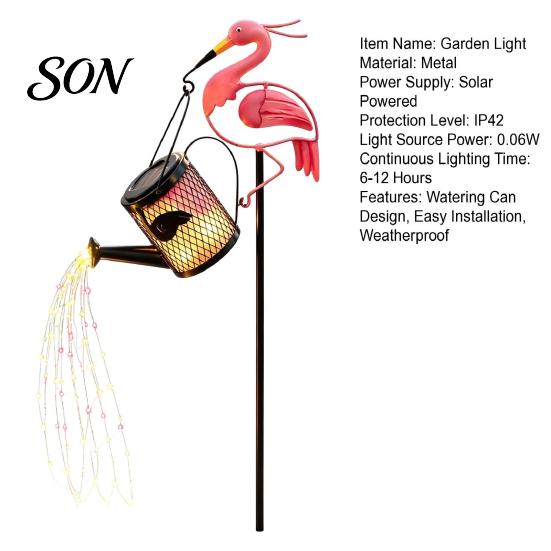 Weatherproof Metal Animal Statue Solar Flamingo Watering Can Light, Powered LED Garden Waterproof String Lights Pathway Light with Stake for