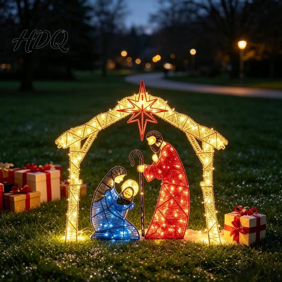 Festive Church Layout Ornament Lighted Nativity Garden Ornament Christmas Metal Yard Art with Glowing Bethlehem Star Statue LED Lights Light-Up