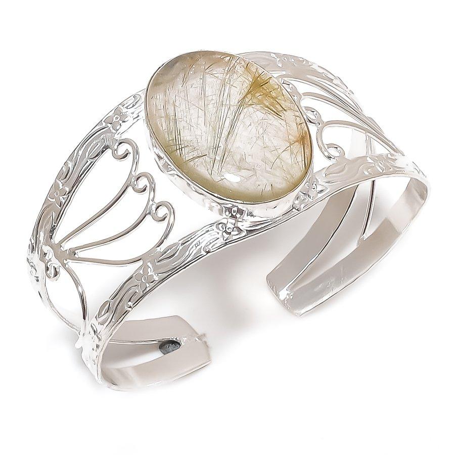 

Natural Golden Rutile Gemstone 925 Sterling Silver Cuff Bangle Adjustable Y4k30