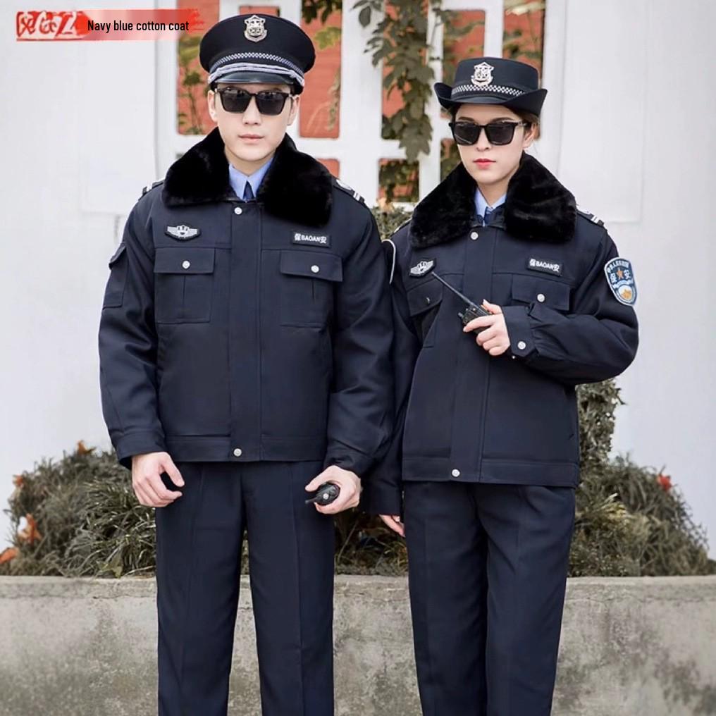 Zimowy mundur służbowy ochrony: Pogrubiony Zestaw Bawełnianej Kurtki i Płaszcza na Ciepło i Ochronę przed Zimnem.