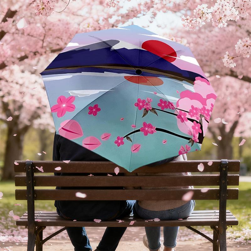1pc Mount Fuji Cherry Blossoms Automatic Folding Umbrella 8 Rib Iron Frame,  Suitable for Travel, Daily Use, Birthday, Women & Men Gift C1231051