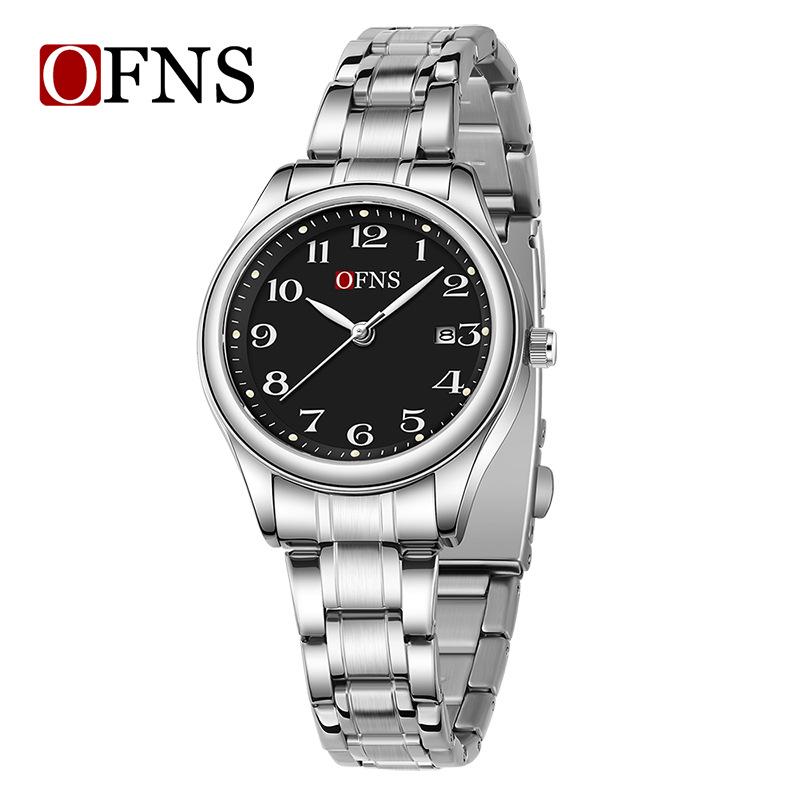 OFNS Couple's Wristwatch - Waterproof, Luminous, Quartz Watch with Steel or Leather Strap, Calendar Feature, for Casual or Business.
