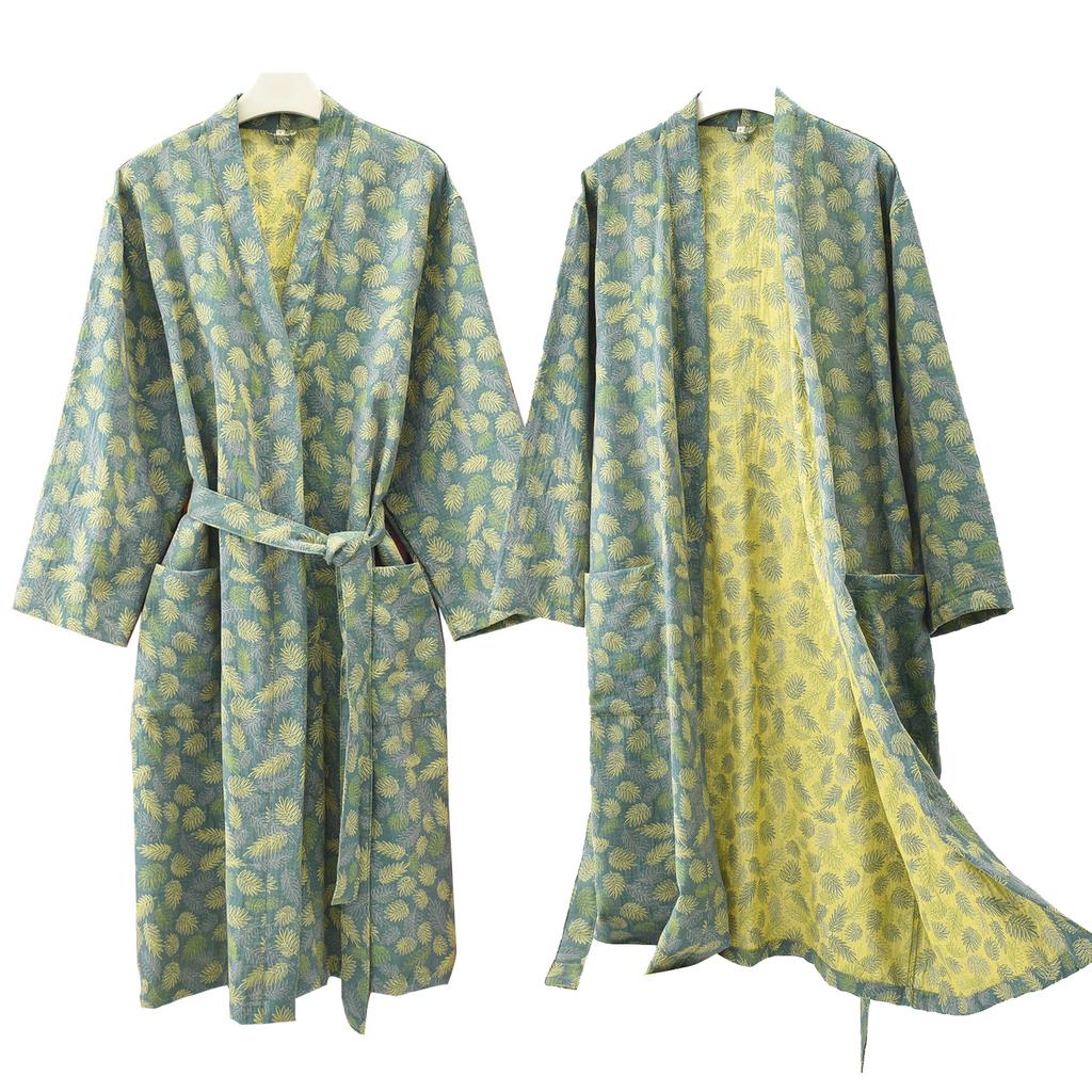 Ropa de dormir de algodón puro para parejas Kimono Bata de baño Manga larga Cuello en V Ropa de noche con cinturón y bolsillo Ropa para el hogar para hombres y mujeres
