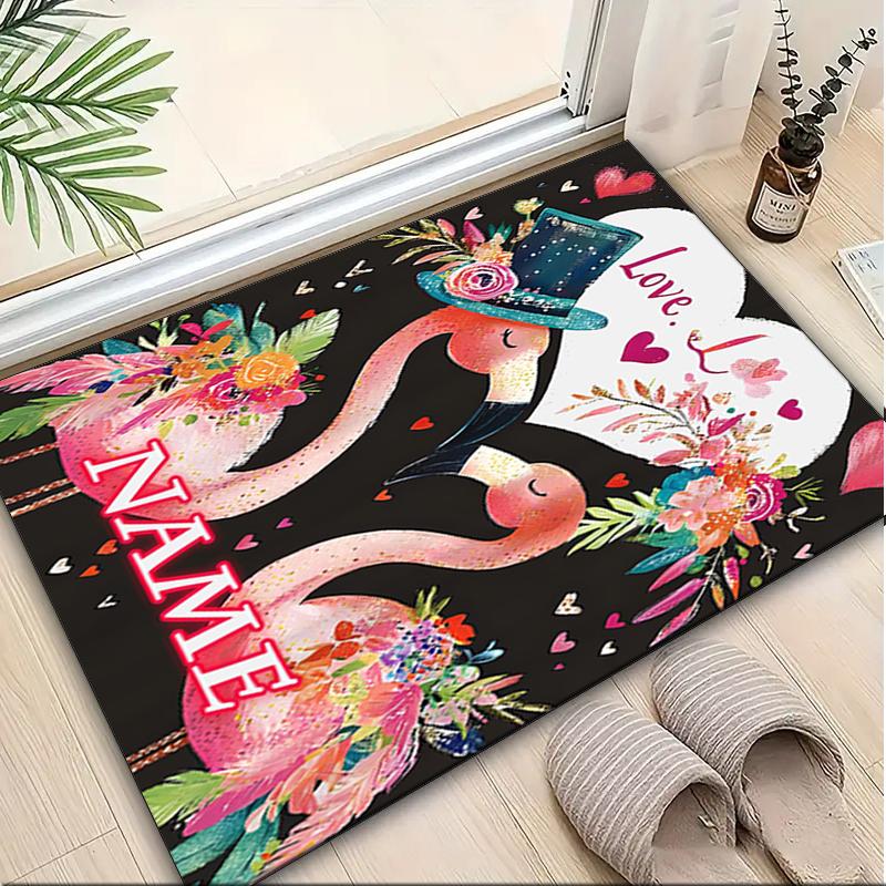 1PC Custom Name Love Flamingos Flowers Theme Floor Mat Ideal for Living Room, Game Rooms, Office, Bedroom,Floor Mat Playful Design