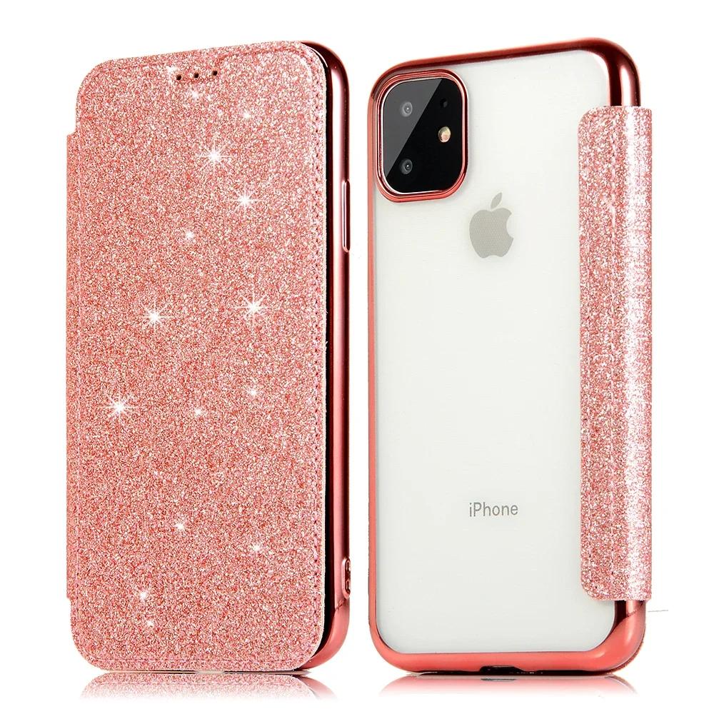 Luxury Glitter Leather Flip Wallet Case For iPhone 16 Pro Max 15 Plus 14 13 12 11 XS XR X SE 2025 Clear Bling Back TPU Cover