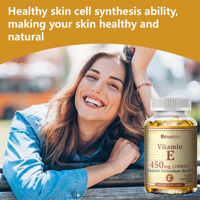 Vitamin E 450 mg (1000 IU) supports antioxidant activity and is beneficial for hair, skin, nails, and eye health. 120 capsules