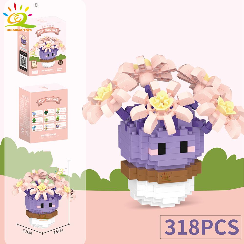 

HUIQIBAO Mini MOC Cactus Potted Plant Micro Building Block 3D Diamond Flower Desk Decoration Model Brick DIY Toys for Children no box