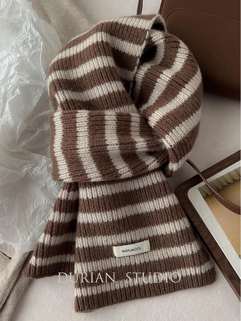 Зимний теплый полосатый шарф из 100% чистой шерсти, вязаный утеплитель для шеи в корейском стиле